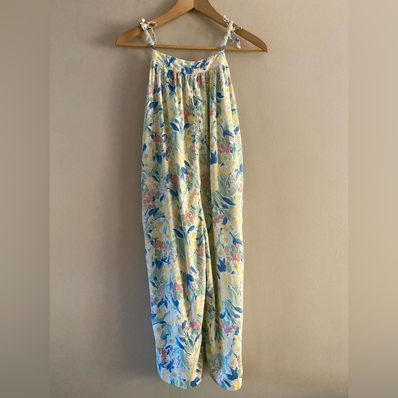 Nordstrom Girl's Linen Blend Wide Leg Floral Overalls Pockets Tie Straps Size 8 - Picture 1 of 13